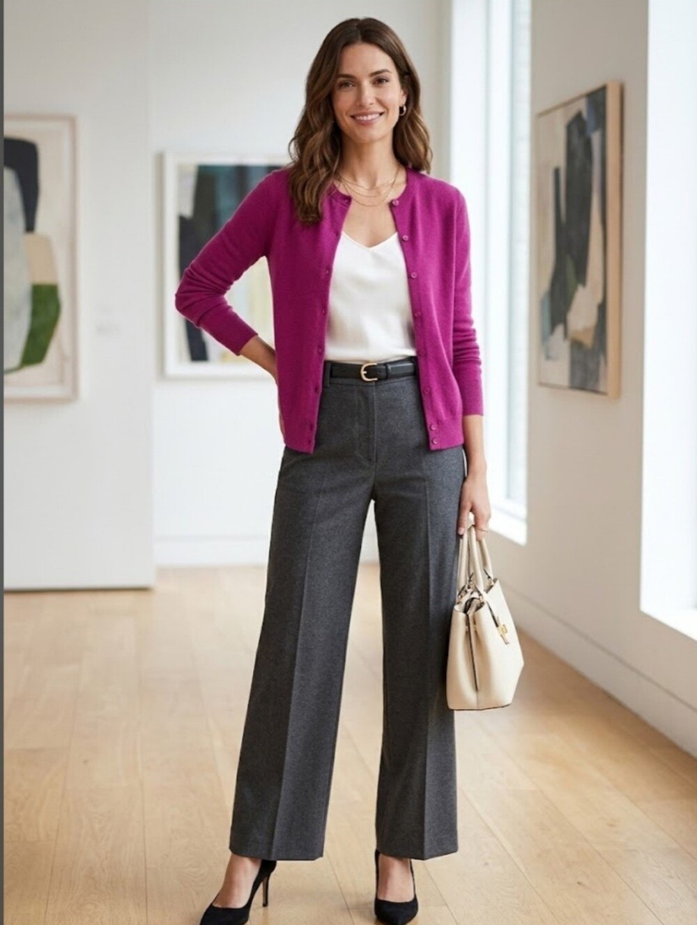 J. Crew Cashmere Sweater Fuchsia Button Front Crewneck Cardigan Size  Large EUC